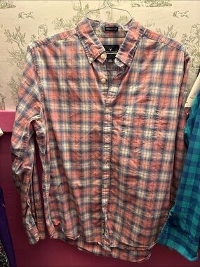 American Eagle Outfitters Coral and Blue Plaid Button-Down Shirt